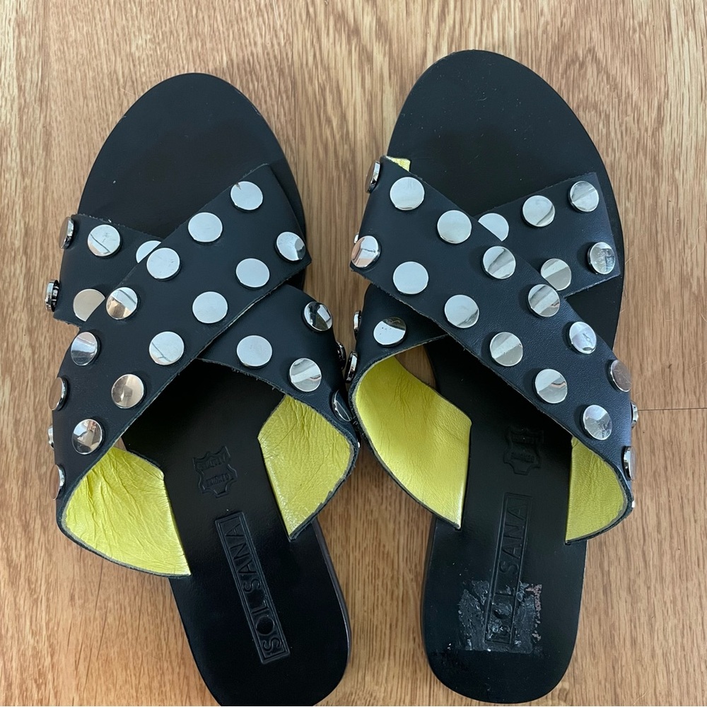 NWOT Sol Sana Black Genuine Leather Studded Crossover Sandals Size 37/7 Revolve - Picture 9 of 9